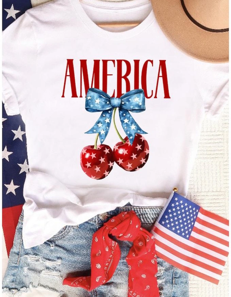 White AMERICA Bow Cherry Print Crewneck T Shirt