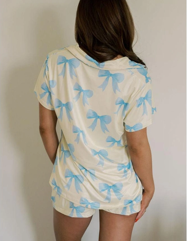 Yellow Bow Printed Short Sleeve Shirt Shorts Pajama Set