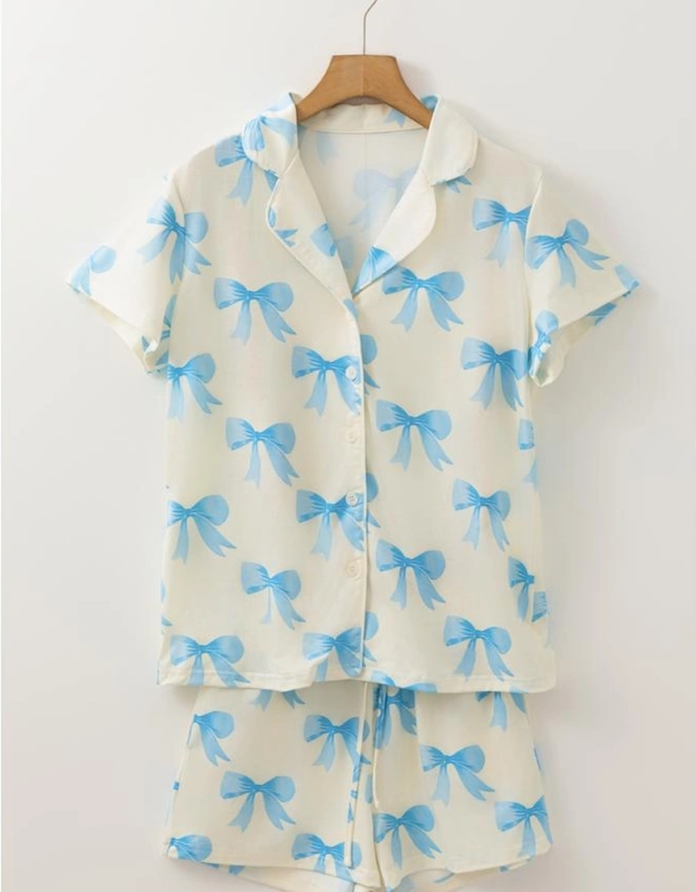 Yellow Bow Printed Short Sleeve Shirt Shorts Pajama Set