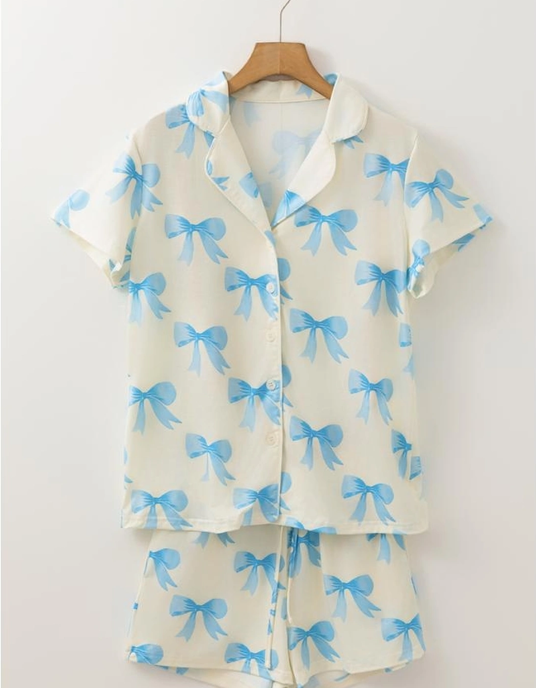 Yellow Bow Printed Short Sleeve Shirt Shorts Pajama Set