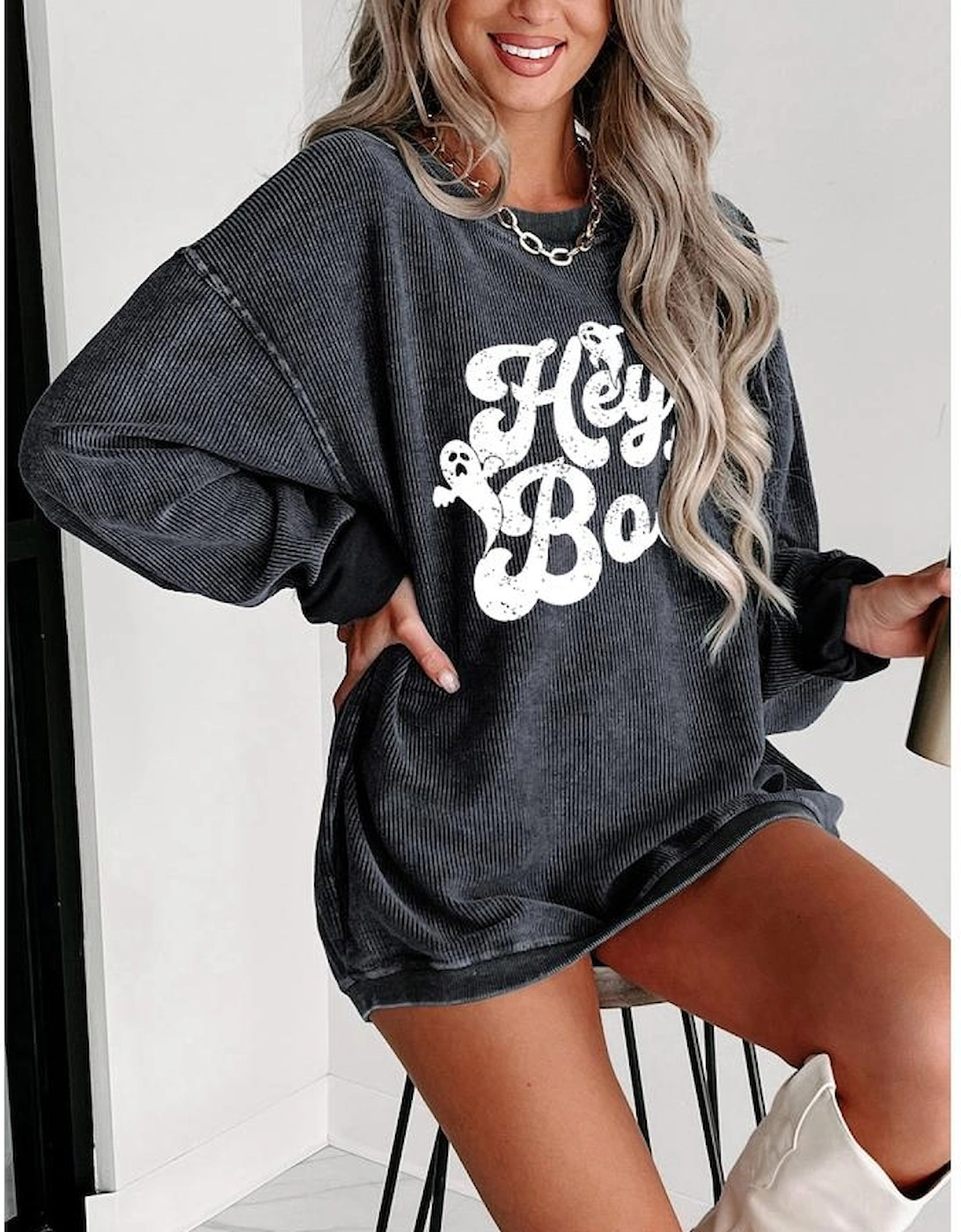 Gray Corded Hey Boo Ghost Graphic Drop Shoulder Halloween Sweatshirt