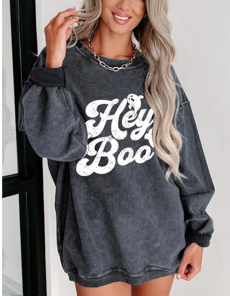 Gray Corded Hey Boo Ghost Graphic Drop Shoulder Halloween Sweatshirt