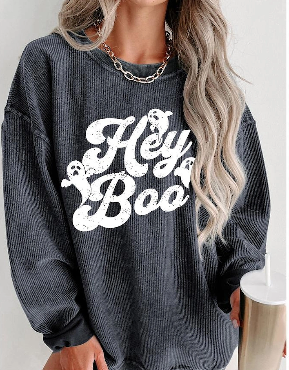 Gray Corded Hey Boo Ghost Graphic Drop Shoulder Halloween Sweatshirt