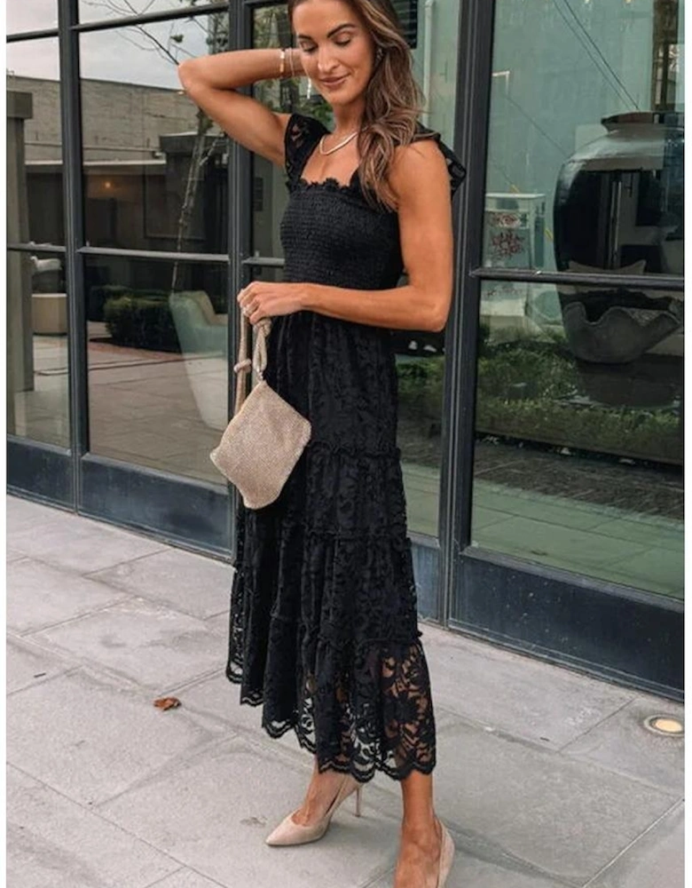 Black Lace Smocked Bodice Sleeveless Midi Dress
