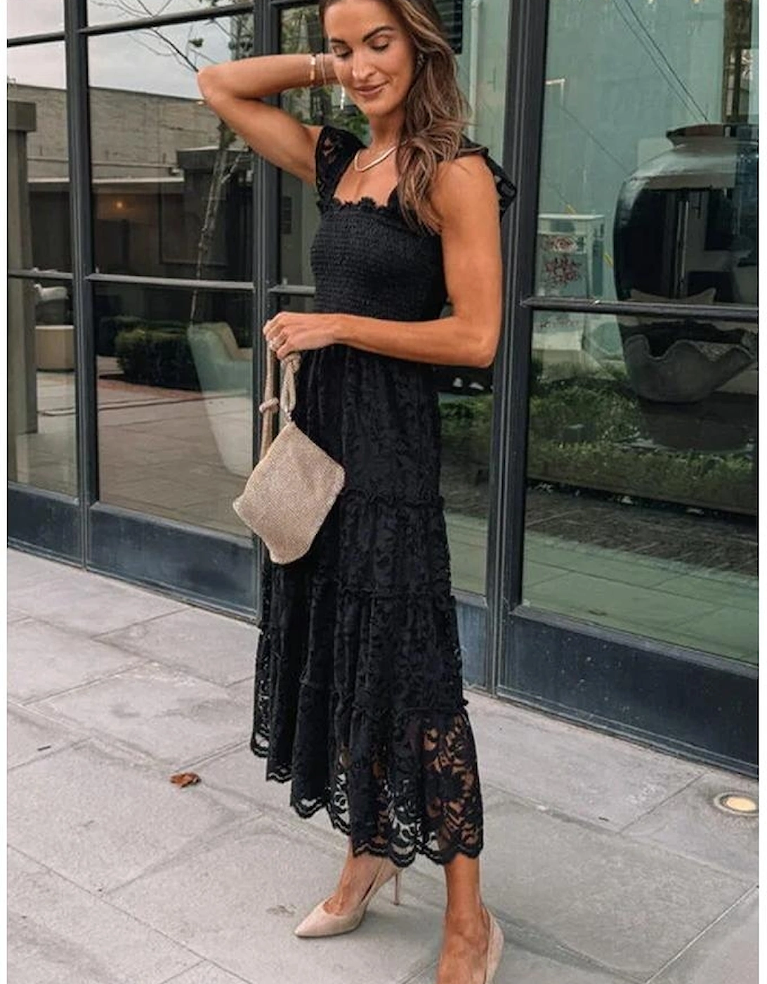 Black Lace Smocked Bodice Sleeveless Midi Dress