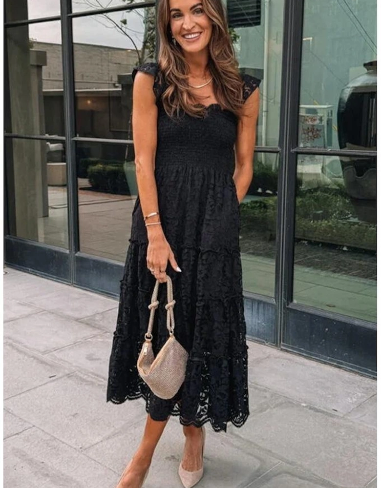Black Lace Smocked Bodice Sleeveless Midi Dress