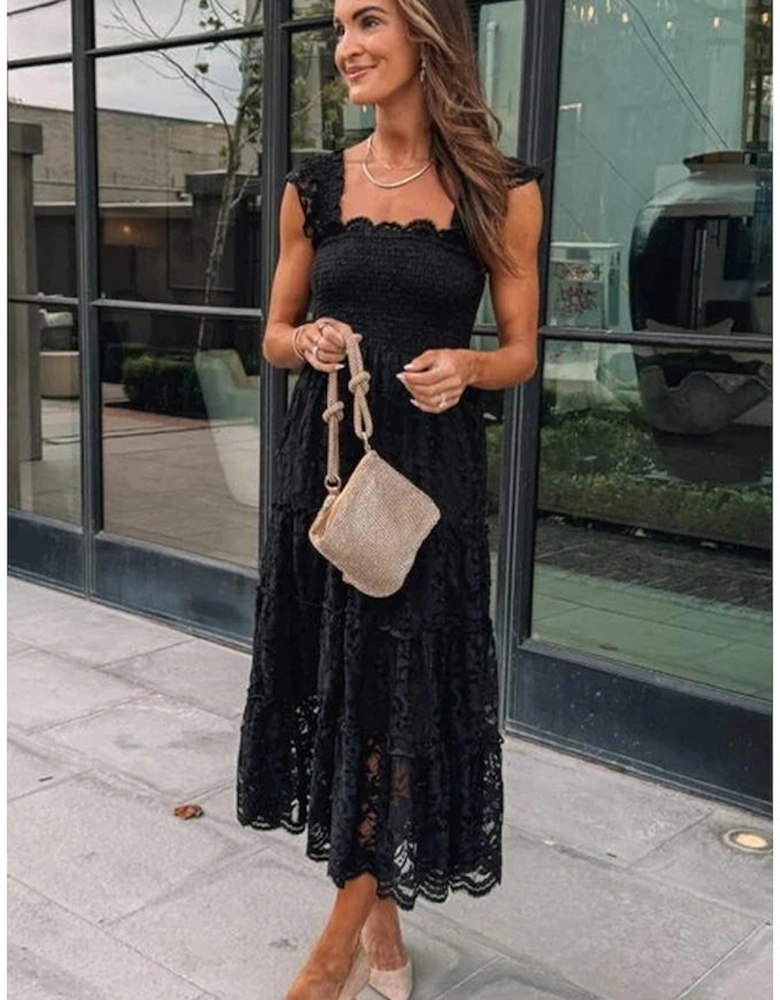 Black Lace Smocked Bodice Sleeveless Midi Dress