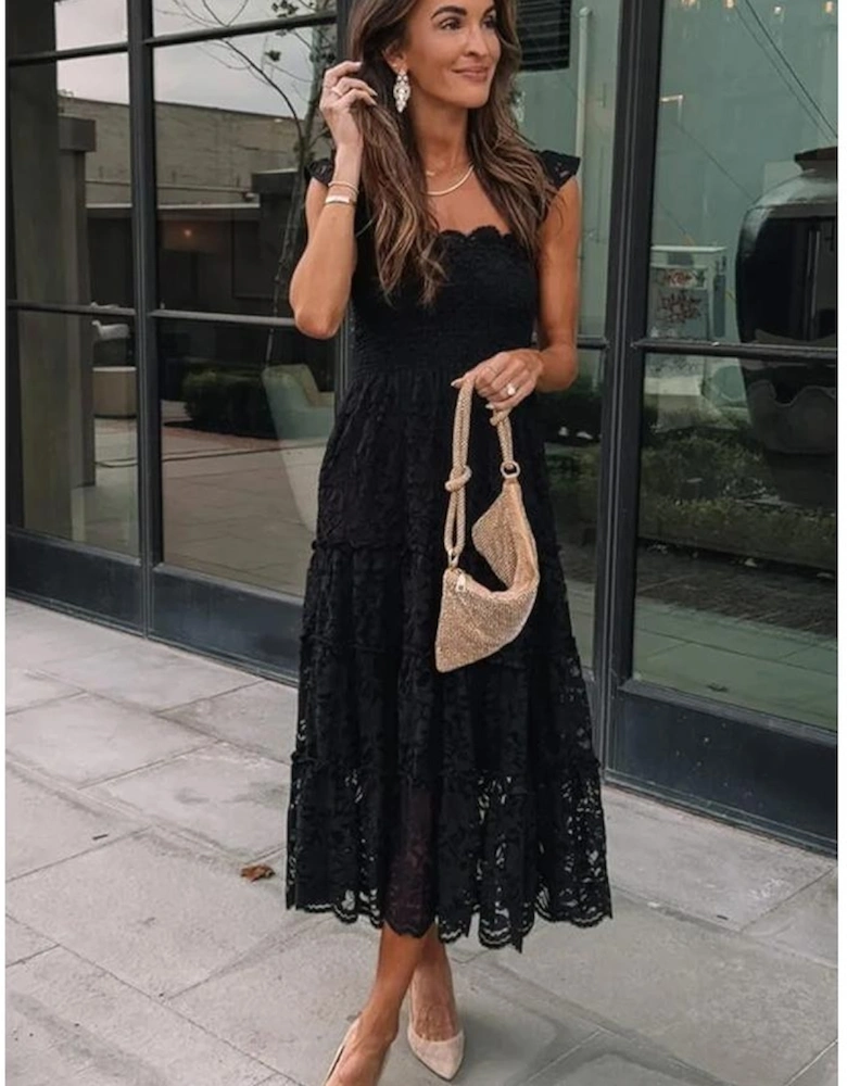 Black Lace Smocked Bodice Sleeveless Midi Dress