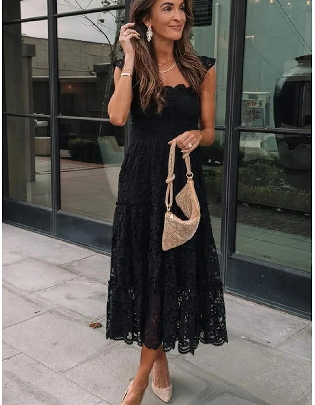 Black Lace Smocked Bodice Sleeveless Midi Dress