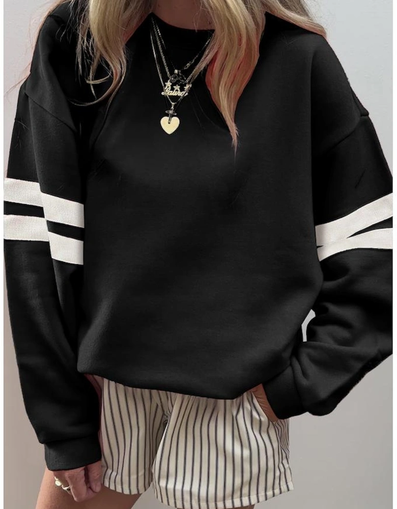 Black Varsity Striped Detail Drop Shoulder Oversized Sweatshirt