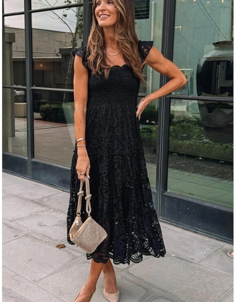 Black Lace Smocked Bodice Sleeveless Midi Dress