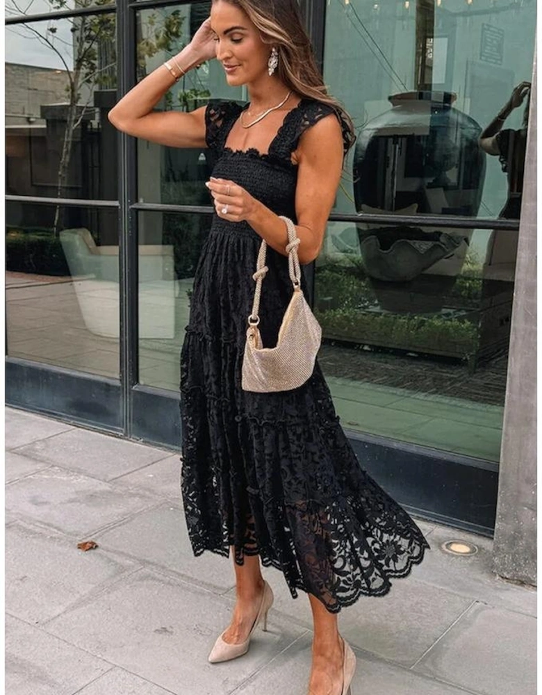 Black Lace Smocked Bodice Sleeveless Midi Dress