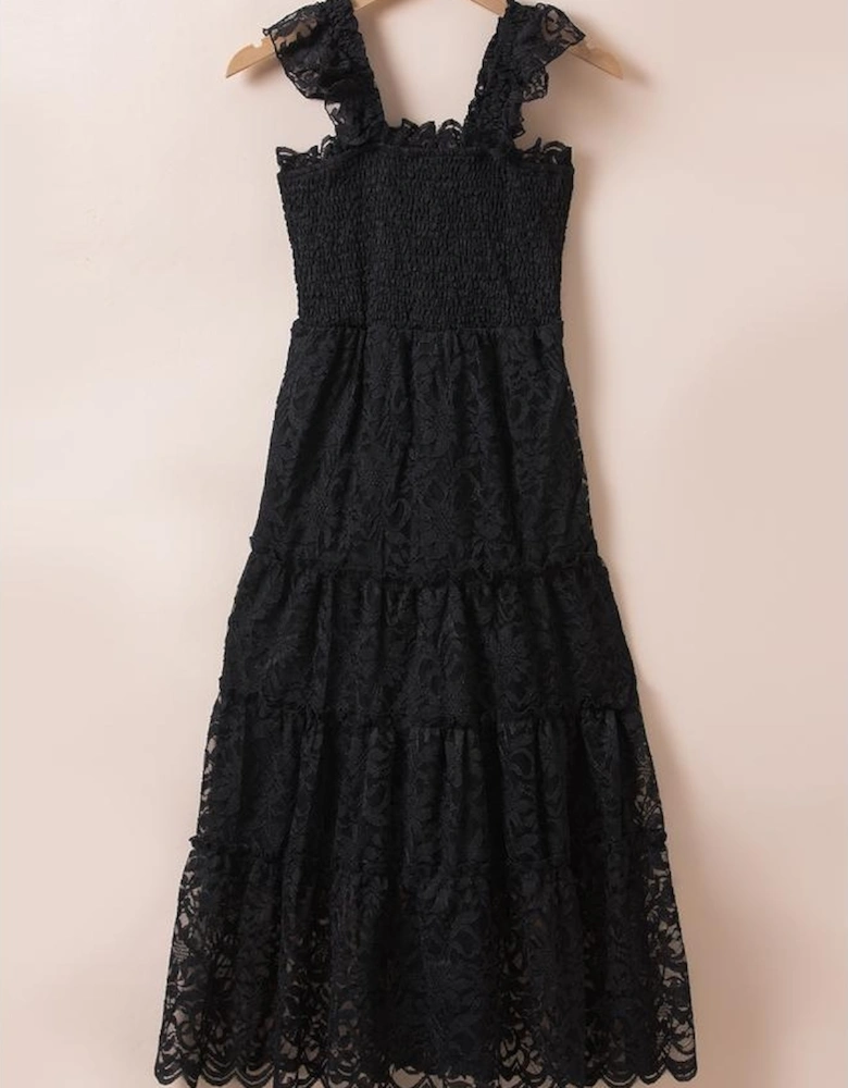 Black Lace Smocked Bodice Sleeveless Midi Dress