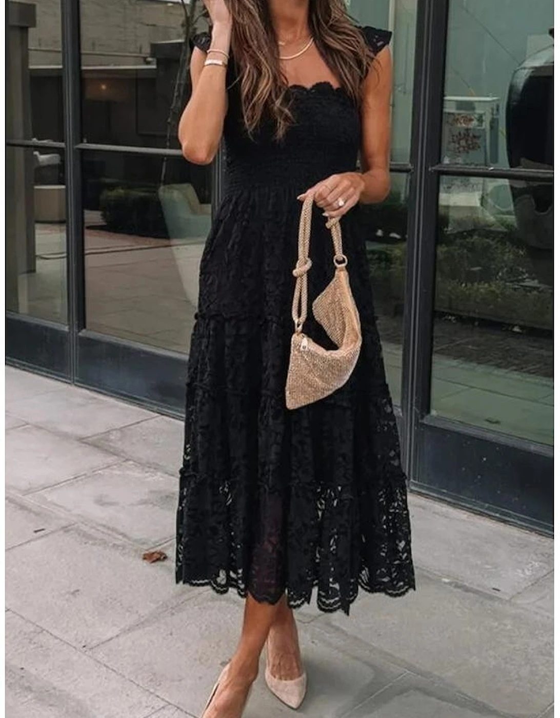 Black Lace Smocked Bodice Sleeveless Midi Dress