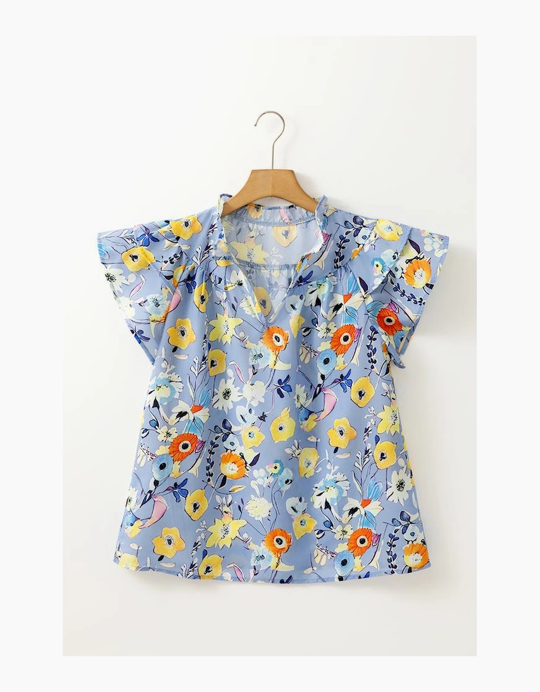 Sky Blue Flutter Sleeve V Neck Floral Top