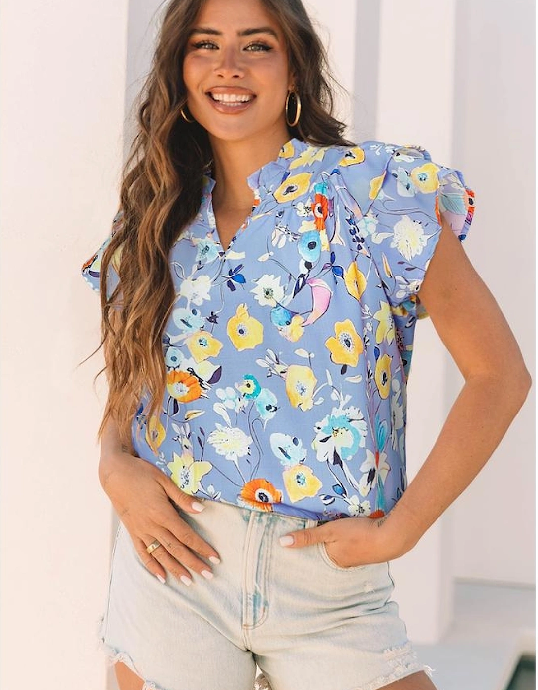 Sky Blue Flutter Sleeve V Neck Floral Top
