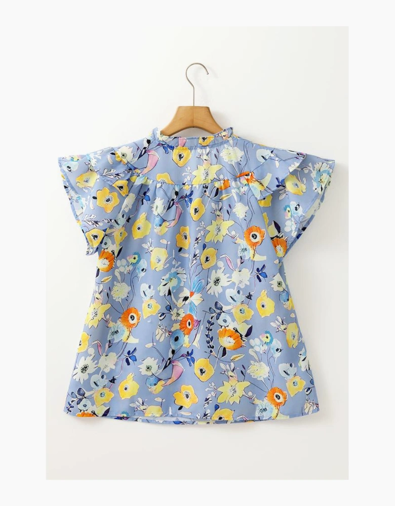 Sky Blue Flutter Sleeve V Neck Floral Top