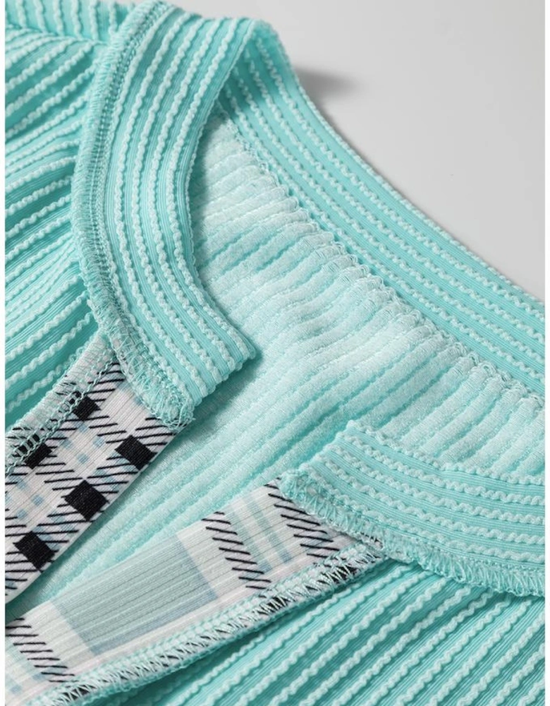 Aruba Blue Corded Texture Plaid Colorblock Patchwork Split Neck Long Sleeve Top