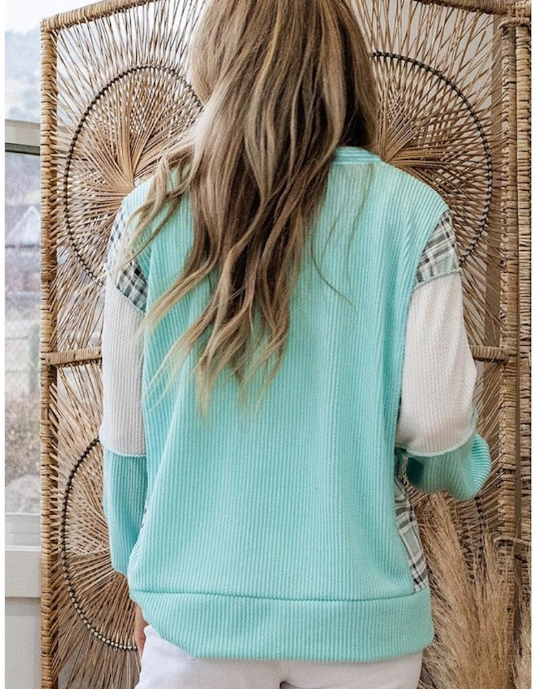 Aruba Blue Corded Texture Plaid Colorblock Patchwork Split Neck Long Sleeve Top