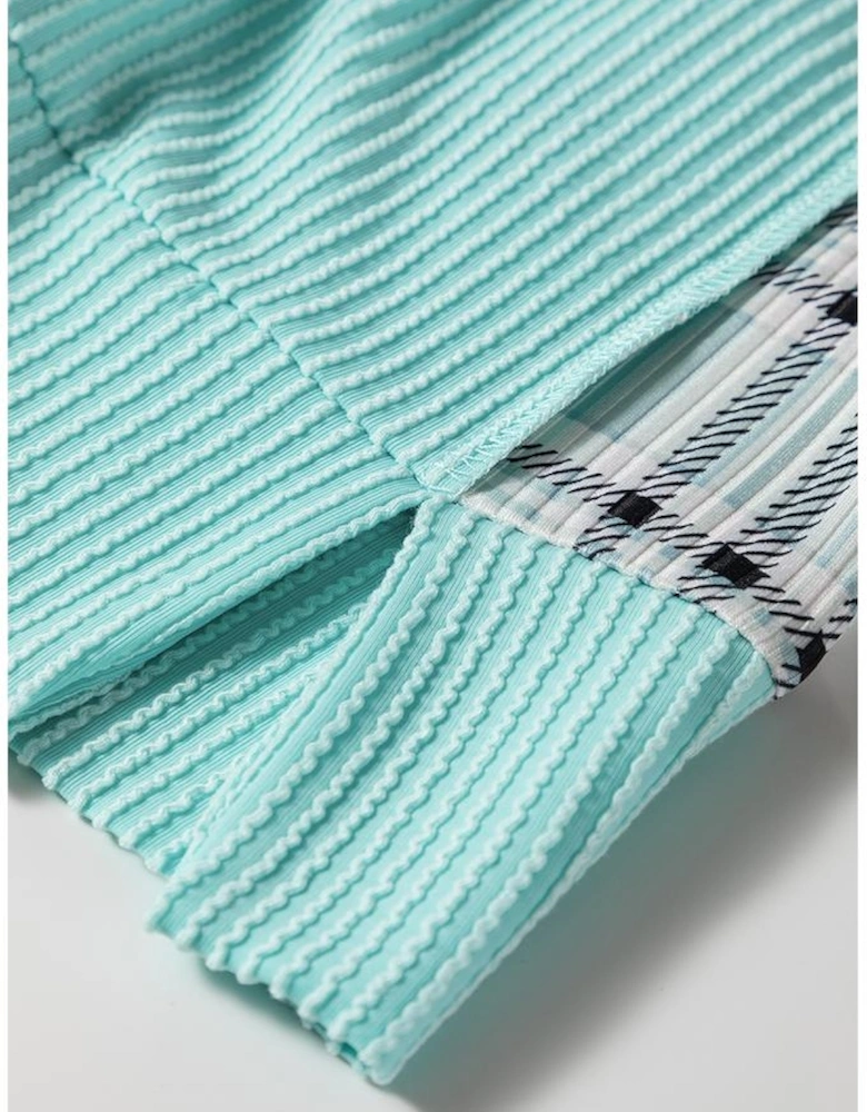 Aruba Blue Corded Texture Plaid Colorblock Patchwork Split Neck Long Sleeve Top