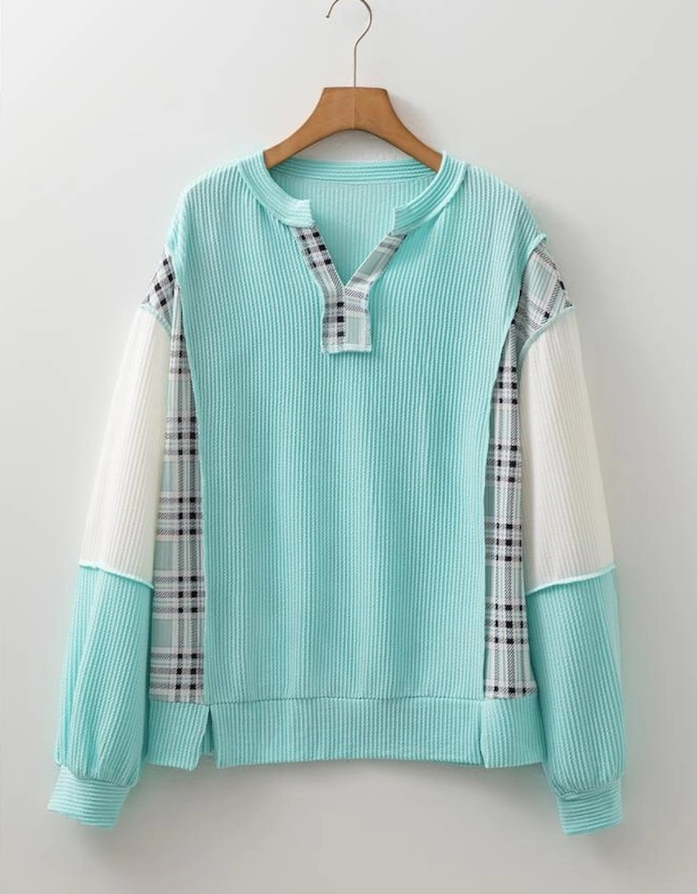 Aruba Blue Corded Texture Plaid Colorblock Patchwork Split Neck Long Sleeve Top