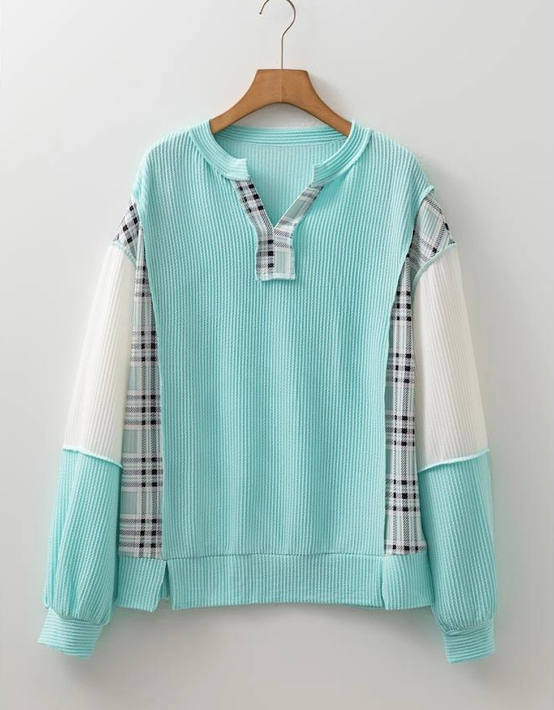 Aruba Blue Corded Texture Plaid Colorblock Patchwork Split Neck Long Sleeve Top