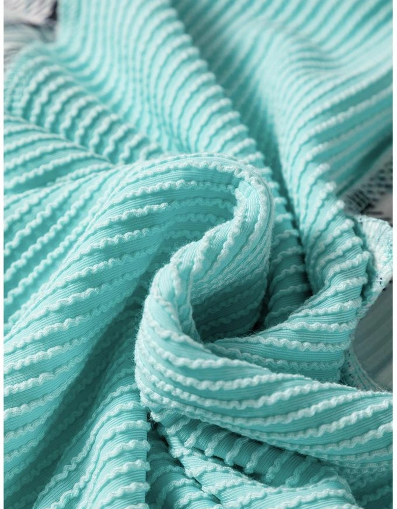 Aruba Blue Corded Texture Plaid Colorblock Patchwork Split Neck Long Sleeve Top