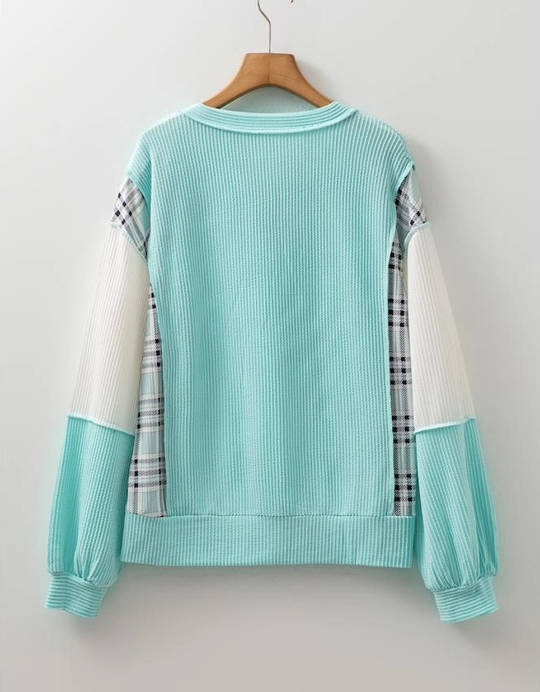 Aruba Blue Corded Texture Plaid Colorblock Patchwork Split Neck Long Sleeve Top