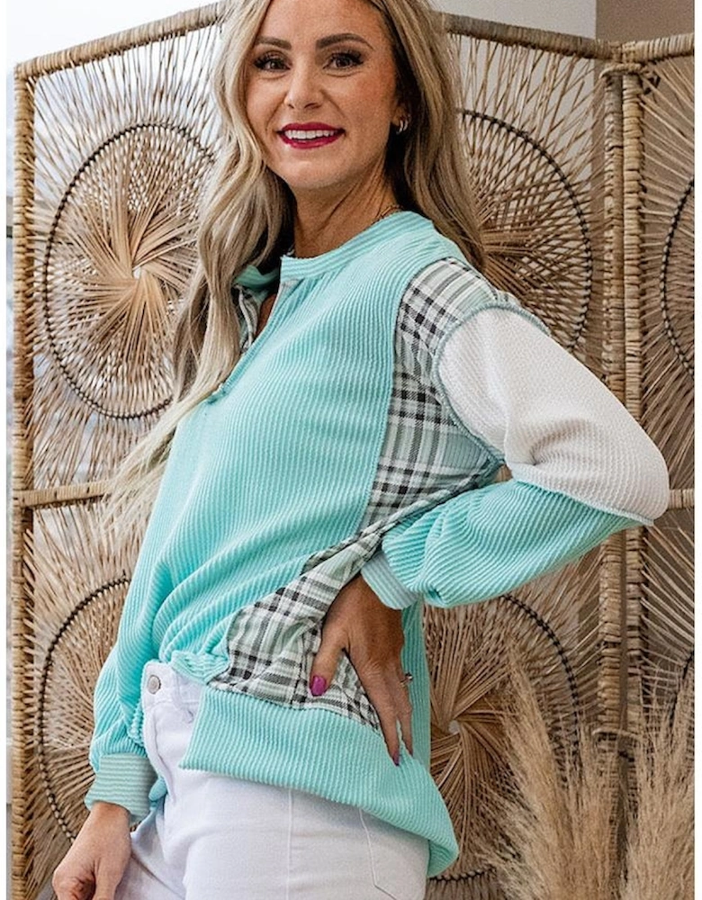 Aruba Blue Corded Texture Plaid Colorblock Patchwork Split Neck Long Sleeve Top
