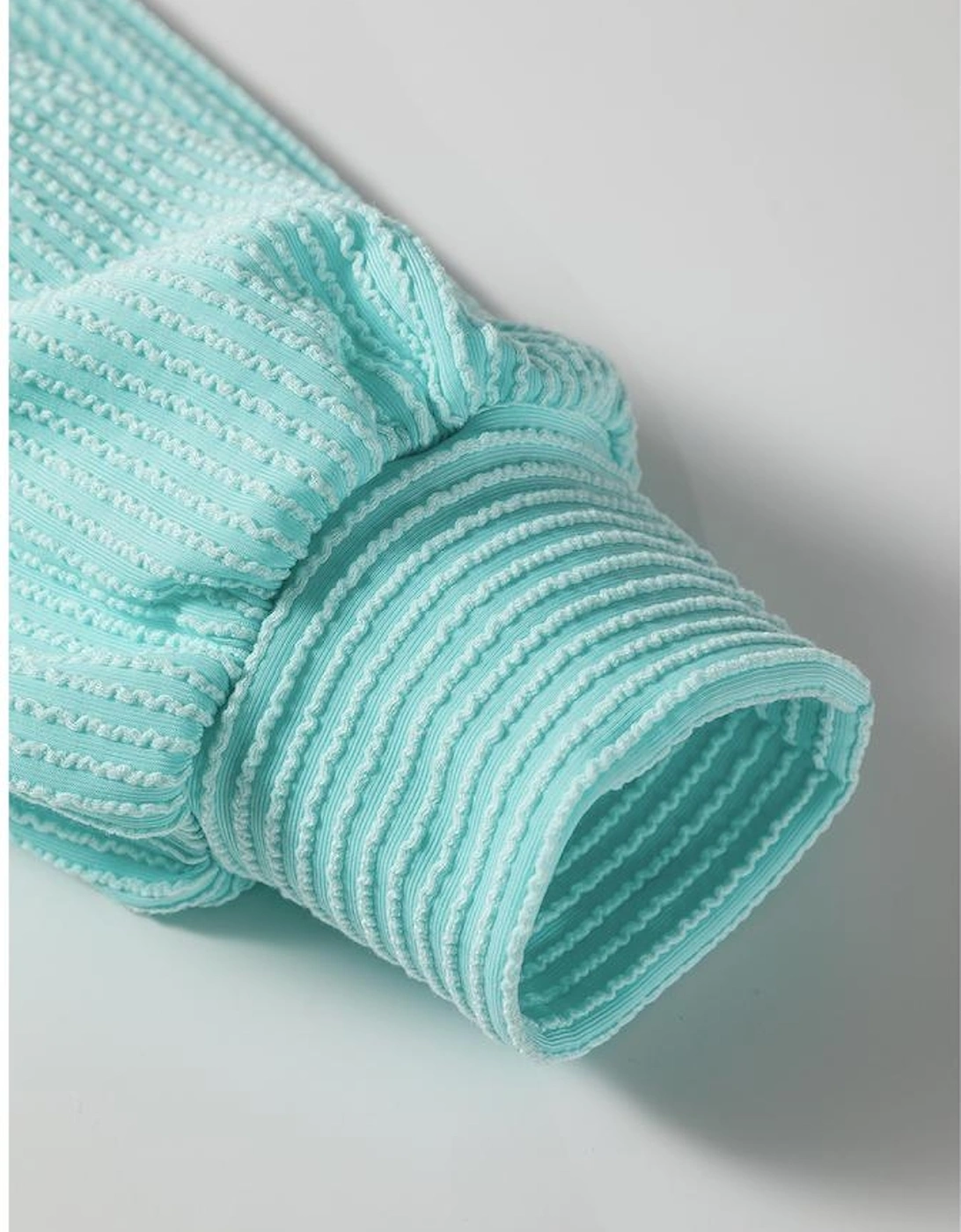 Aruba Blue Corded Texture Plaid Colorblock Patchwork Split Neck Long Sleeve Top