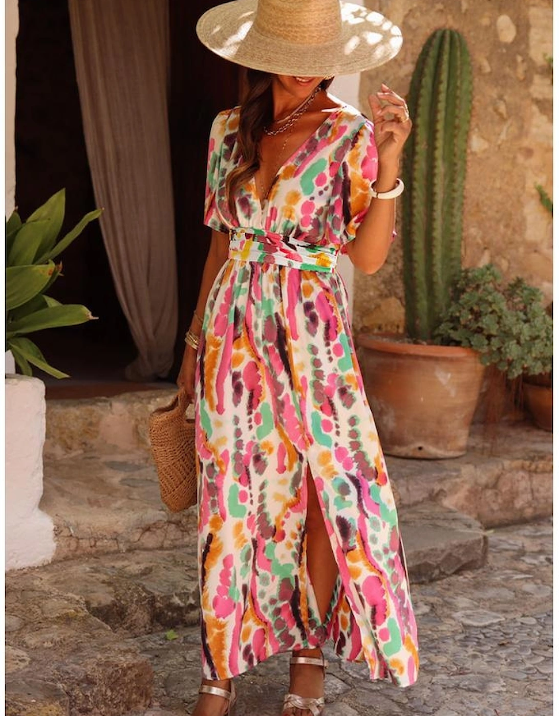 Pink Boho Tie-dye Print V Neck Maxi Dress, 13 of 12