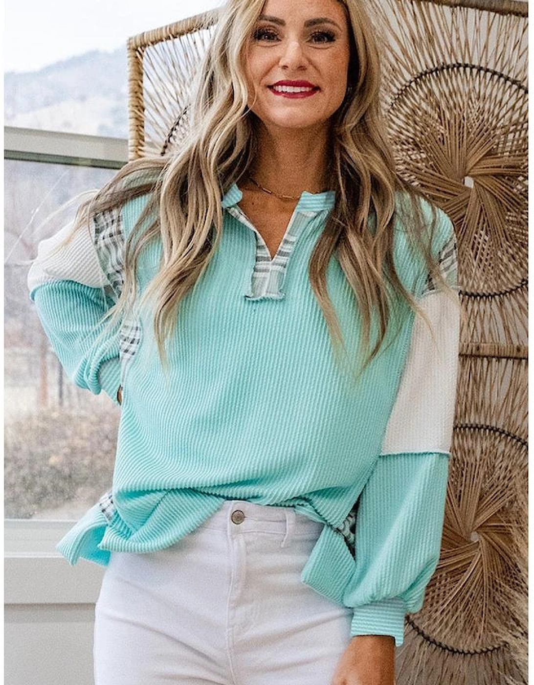 Aruba Blue Corded Texture Plaid Colorblock Patchwork Split Neck Long Sleeve Top