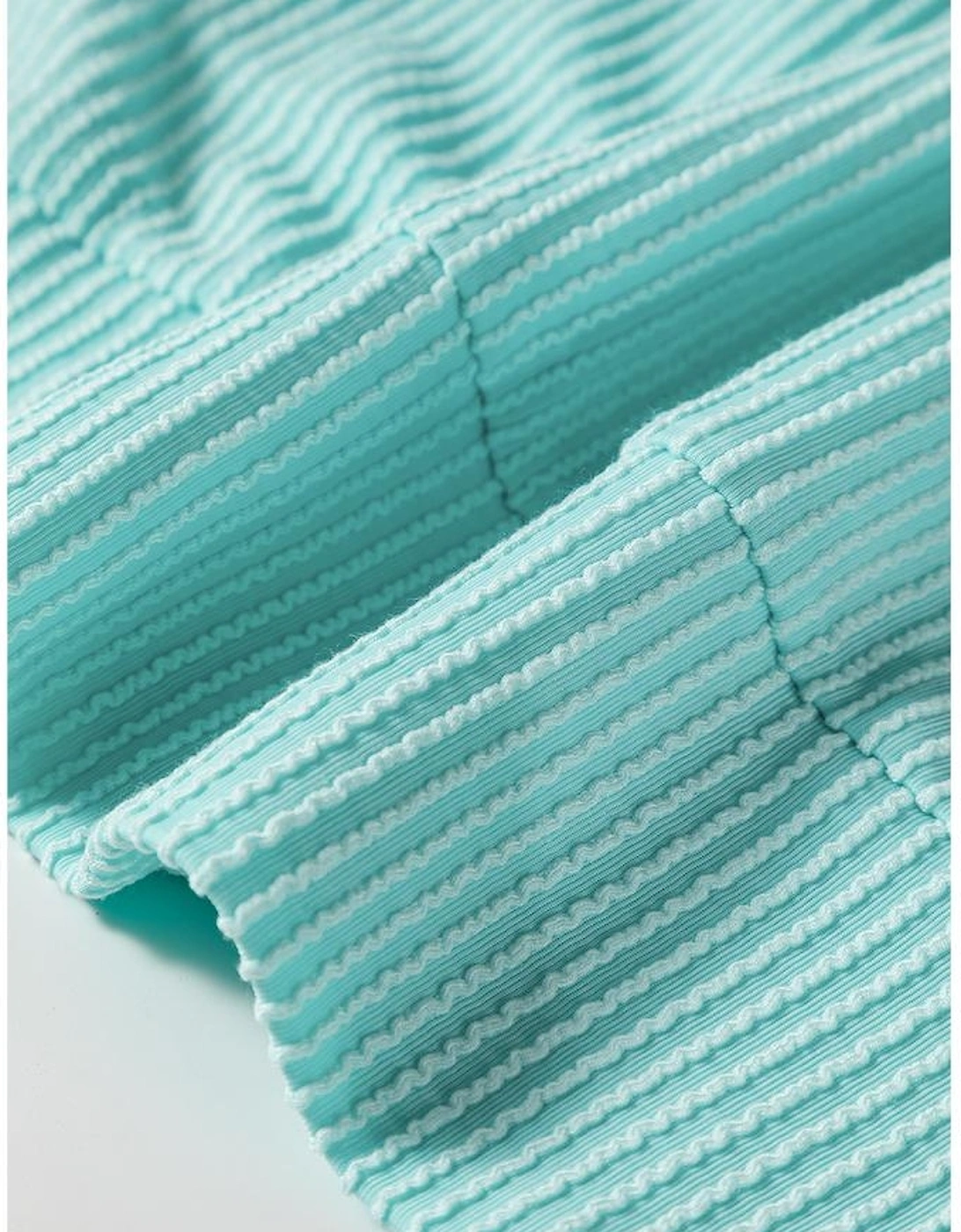 Aruba Blue Corded Texture Plaid Colorblock Patchwork Split Neck Long Sleeve Top