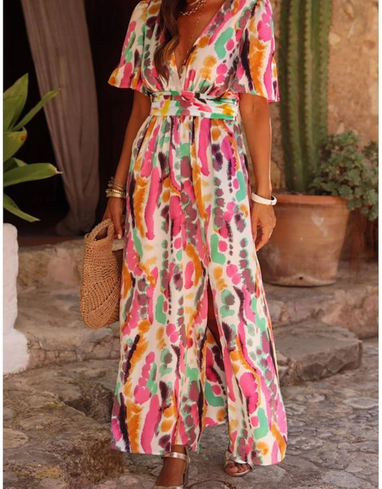 Pink Boho Tie-dye Print V Neck Maxi Dress