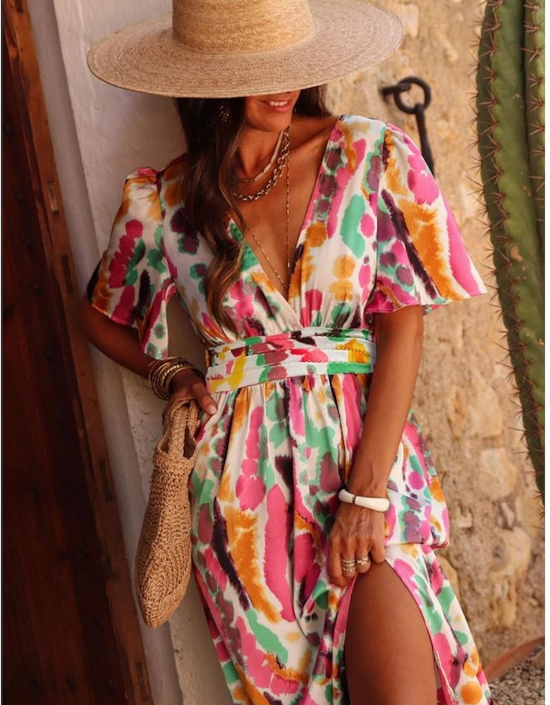 Pink Boho Tie-dye Print V Neck Maxi Dress