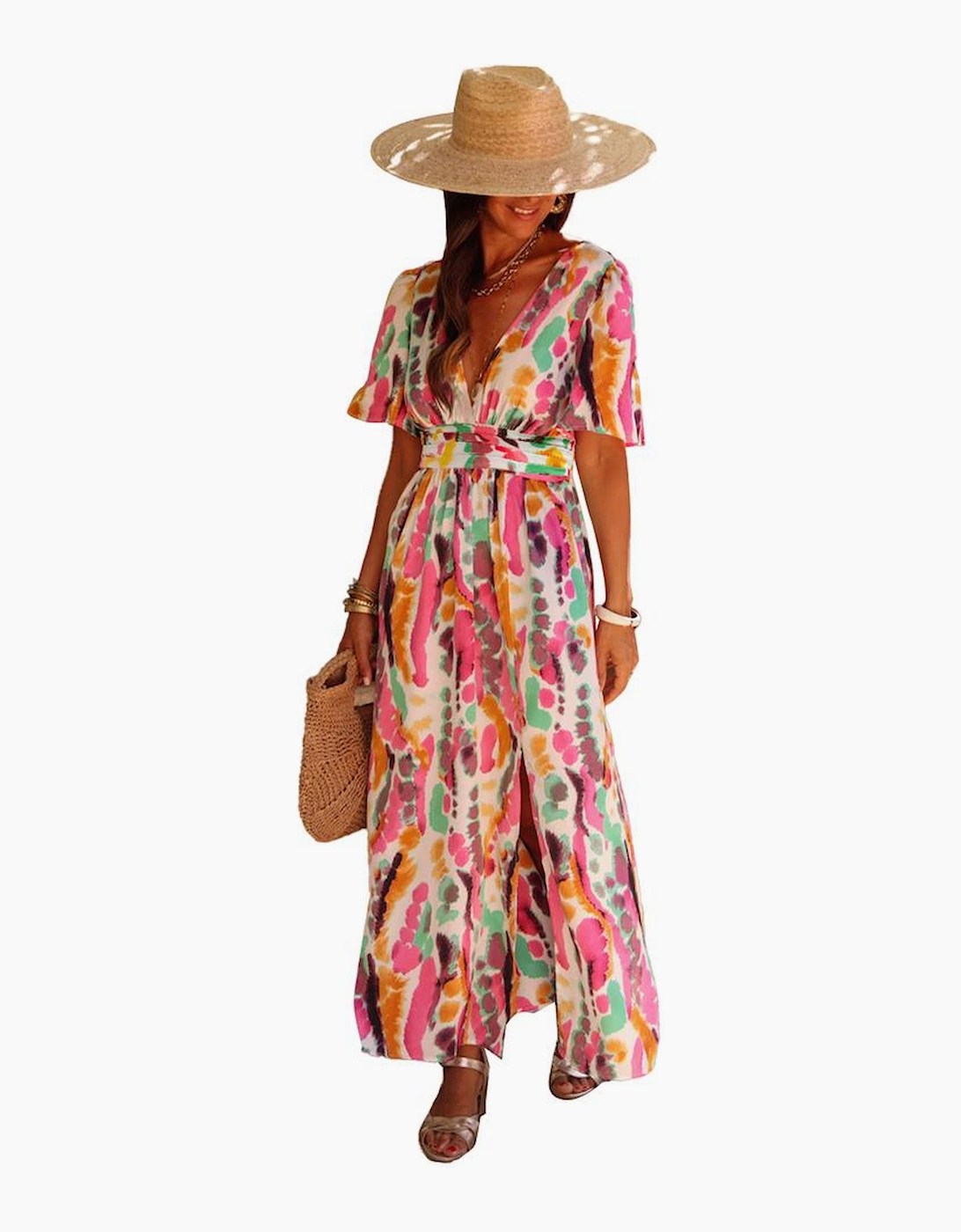 Pink Boho Tie-dye Print V Neck Maxi Dress