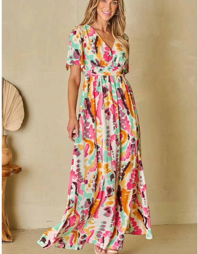 Pink Boho Tie-dye Print V Neck Maxi Dress