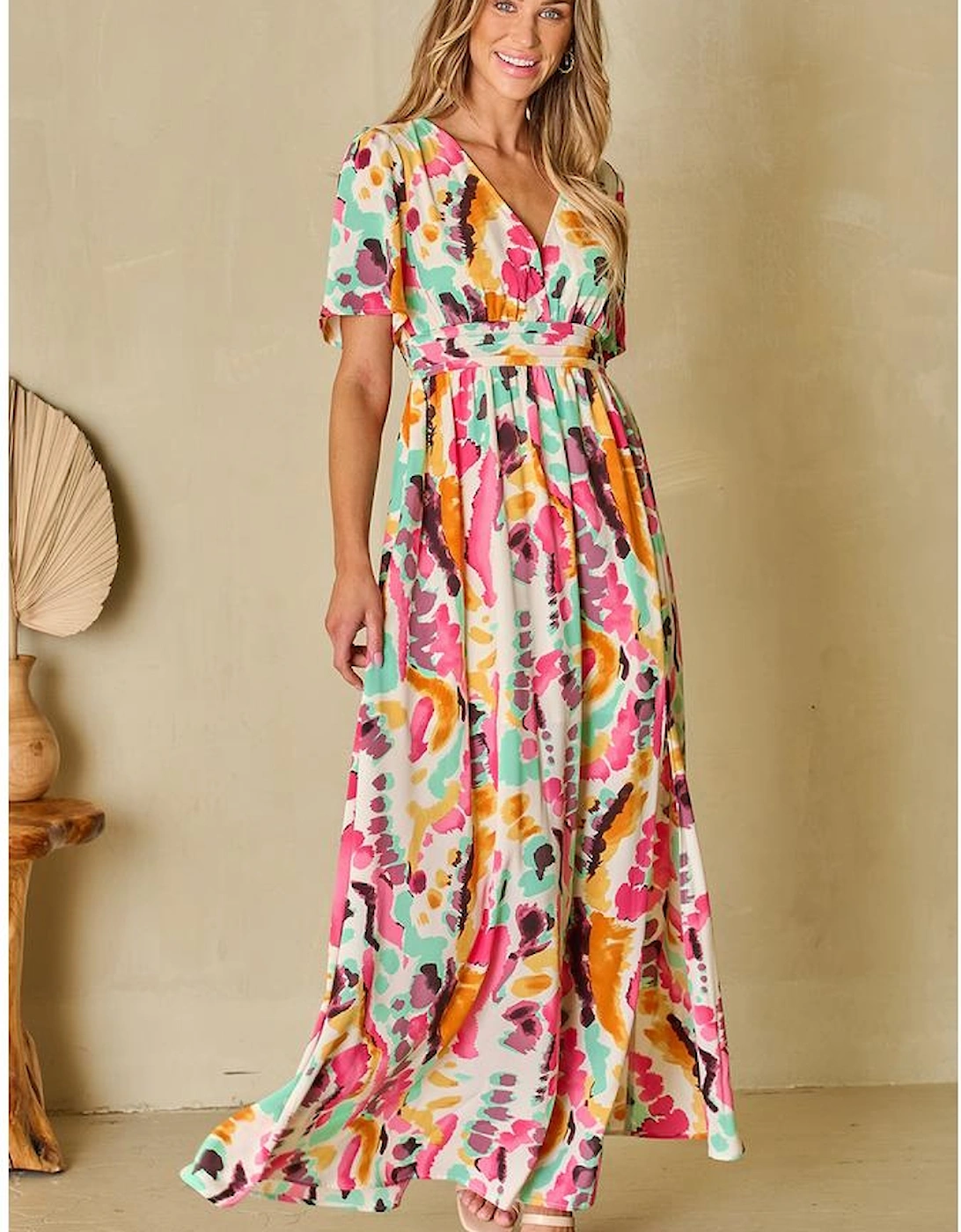 Pink Boho Tie-dye Print V Neck Maxi Dress