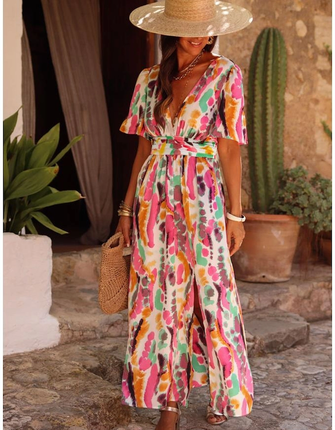 Pink Boho Tie-dye Print V Neck Maxi Dress