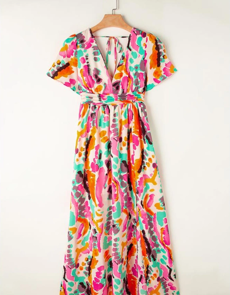 Pink Boho Tie-dye Print V Neck Maxi Dress