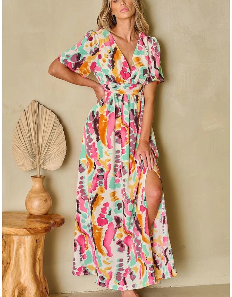 Pink Boho Tie-dye Print V Neck Maxi Dress