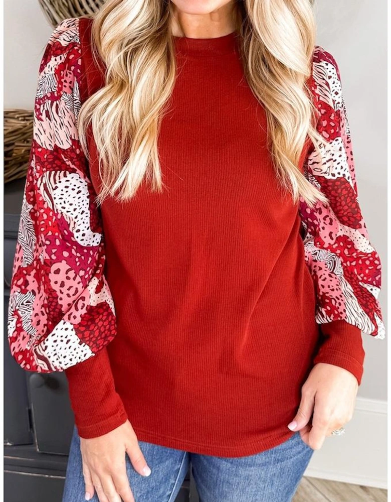 Fiery Red Contrast Mixed Animal Print Lantern Sleeve Patchwork Top