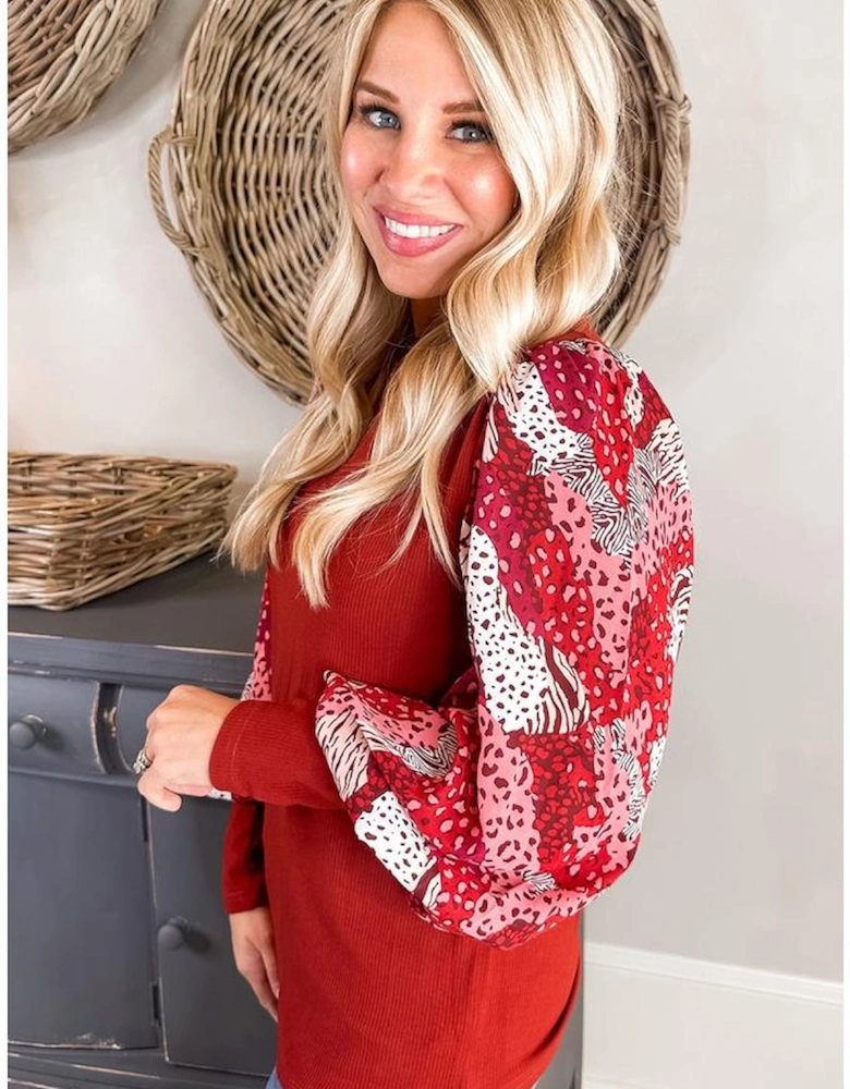 Fiery Red Contrast Mixed Animal Print Lantern Sleeve Patchwork Top