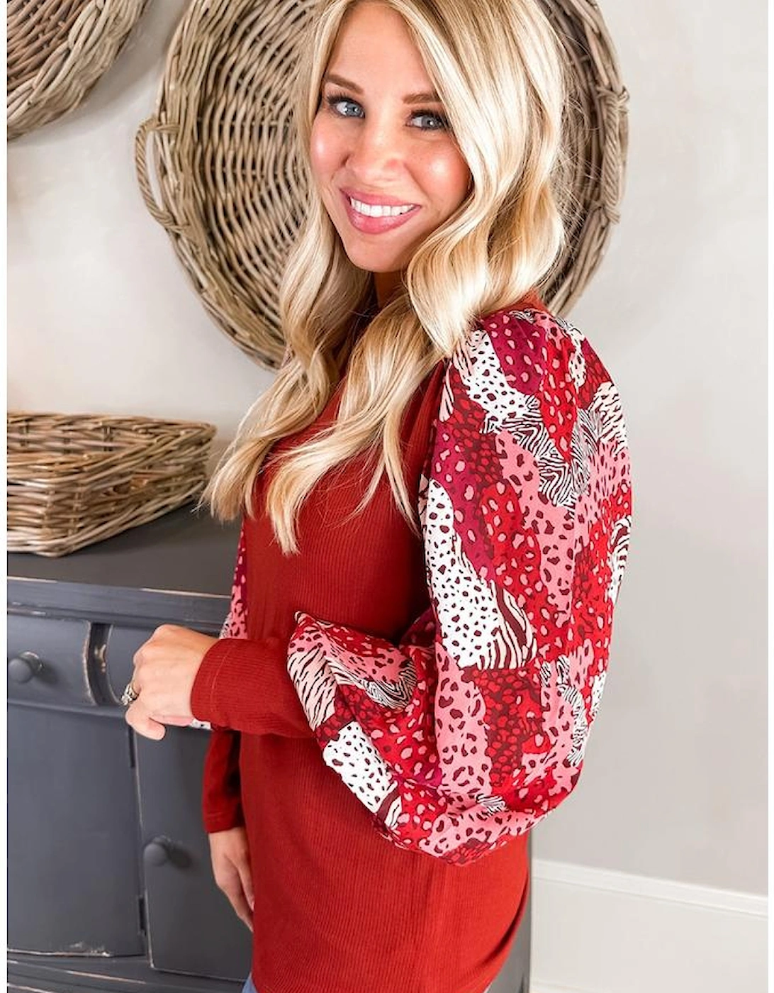Fiery Red Contrast Mixed Animal Print Lantern Sleeve Patchwork Top