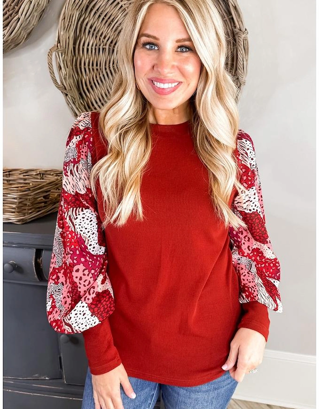 Fiery Red Contrast Mixed Animal Print Lantern Sleeve Patchwork Top