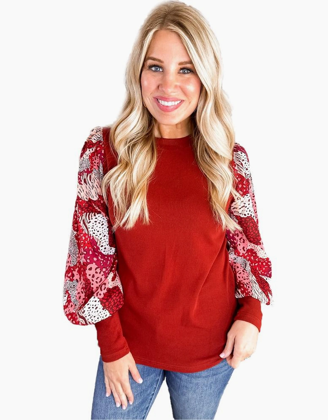 Fiery Red Contrast Mixed Animal Print Lantern Sleeve Patchwork Top, 6 of 5