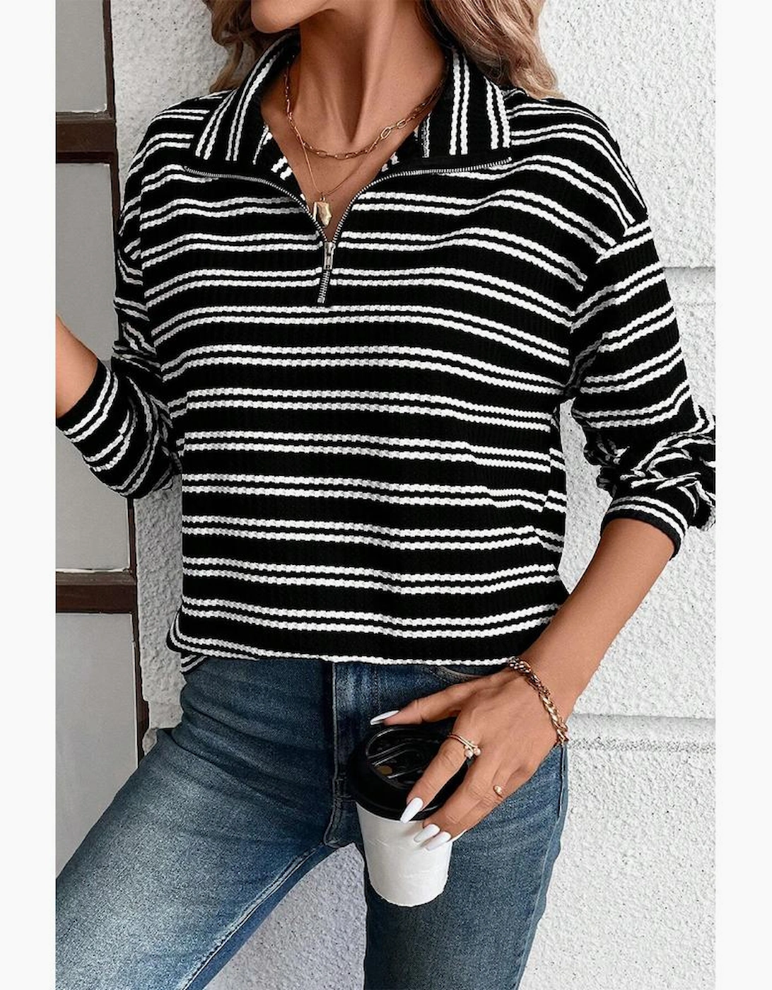 Black Stripe Textured Quarter Zip Collar Long Sleeve Top, 14 of 13