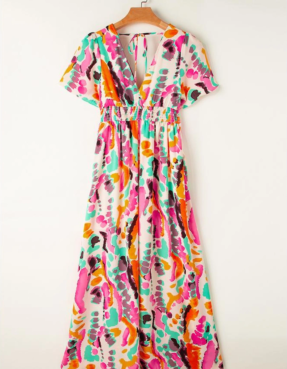 Pink Boho Tie-dye Print V Neck Maxi Dress