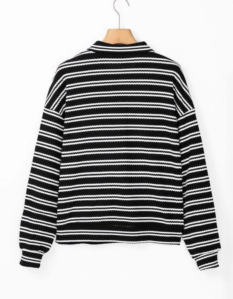 Black Stripe Textured Quarter Zip Collar Long Sleeve Top