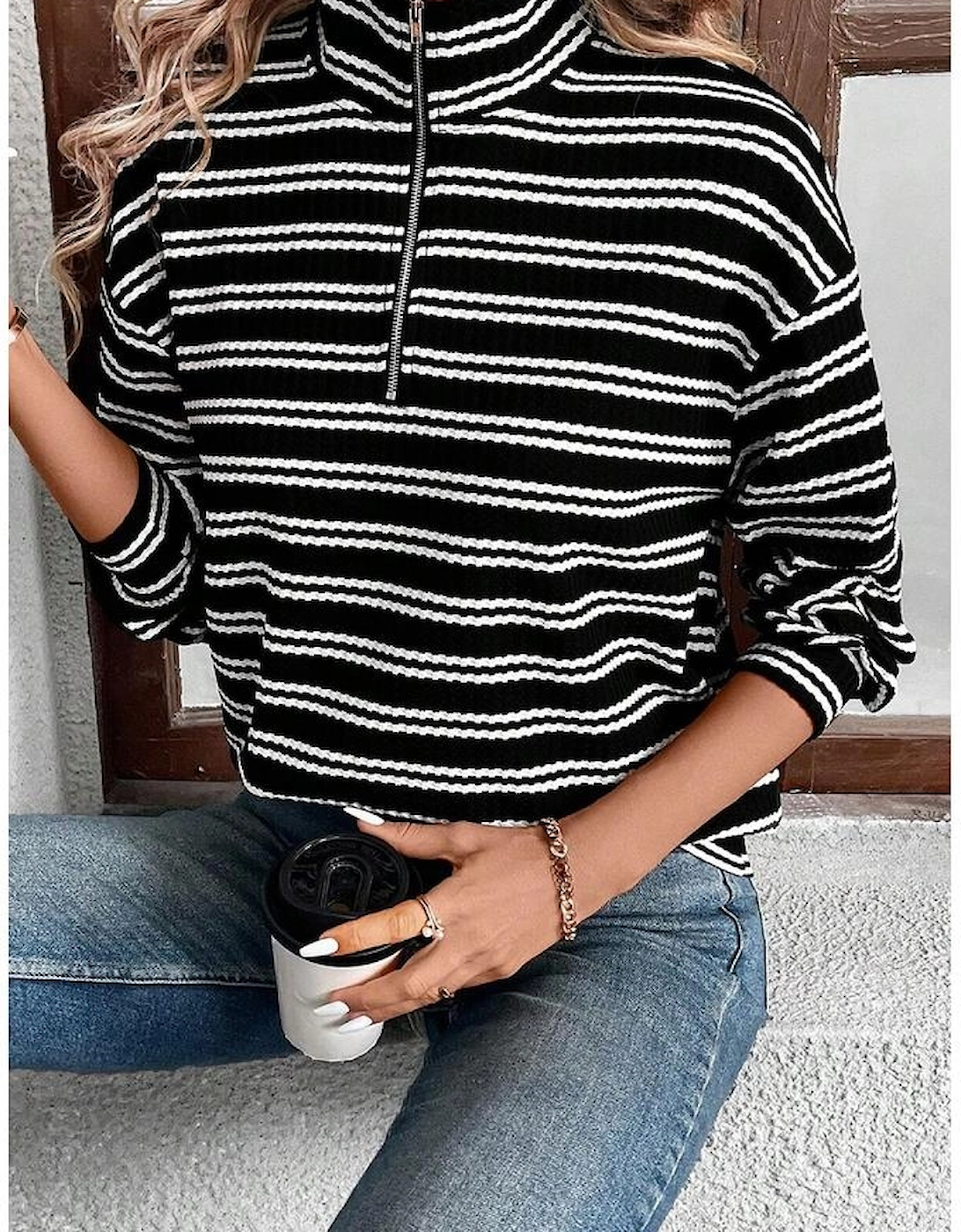 Black Stripe Textured Quarter Zip Collar Long Sleeve Top
